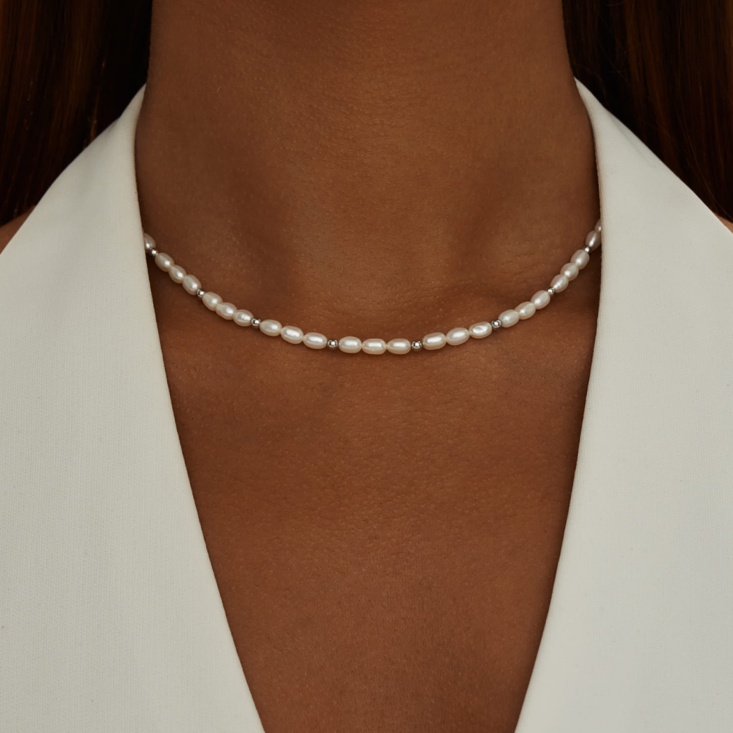 Արծաթե փողկապի վզնոց DIANA բնական մարգարիտներով MIE