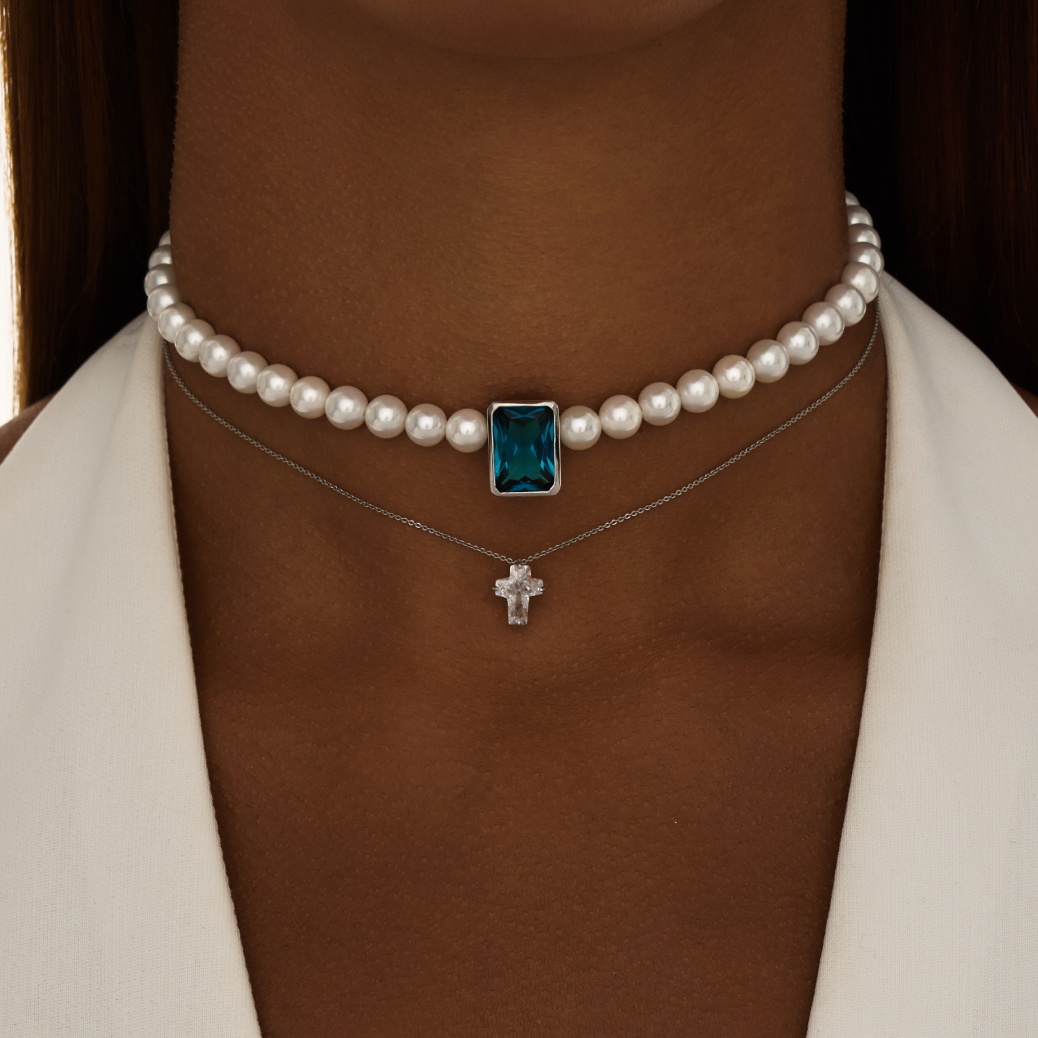 ԳԱԼԱՏԵԱ արծաթե վզնոց՝ մարգարիտներով և խորանարդ ցիրկոնե քարերով MIE