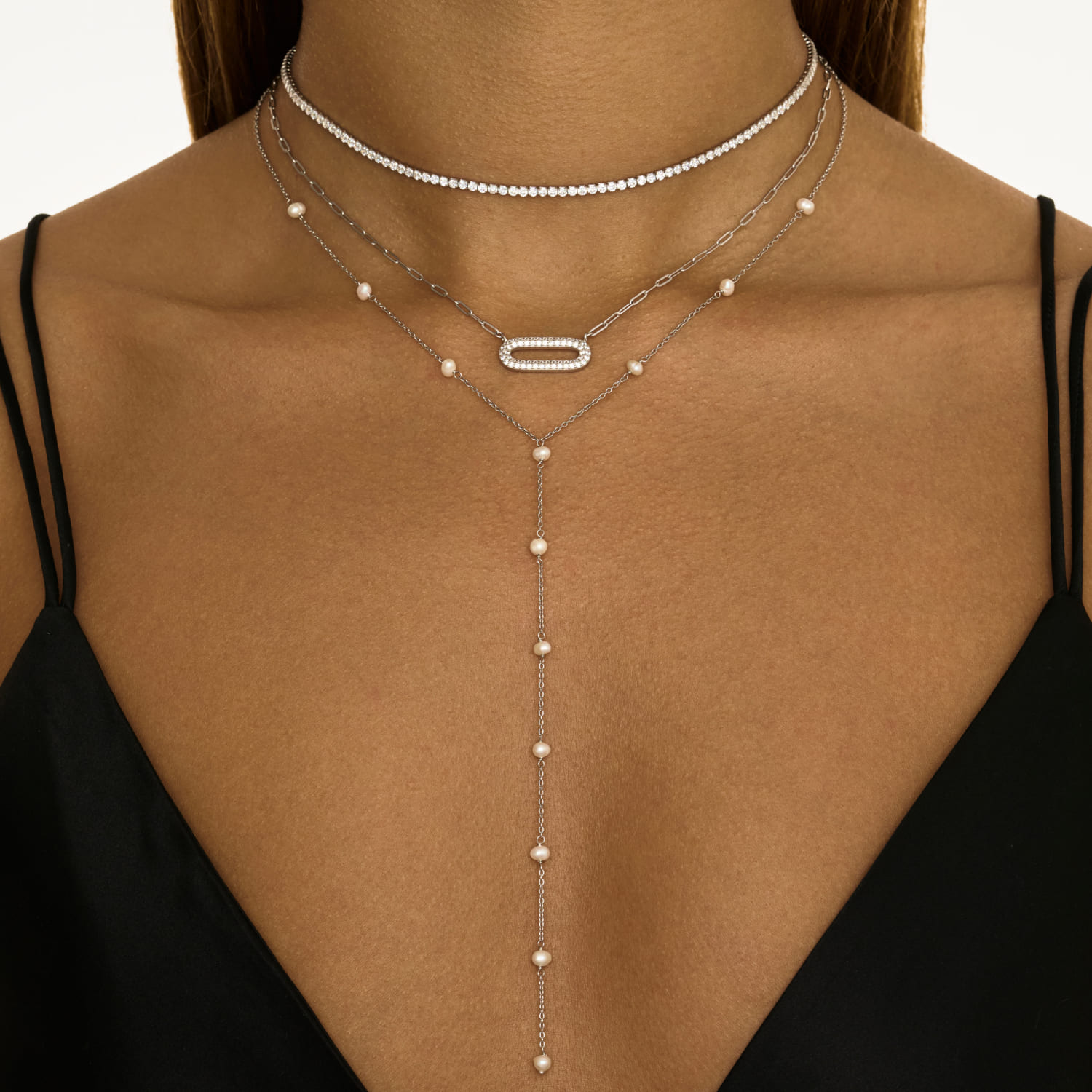 Արծաթե փողկապի վզնոց բնական մարգարիտներով MIE