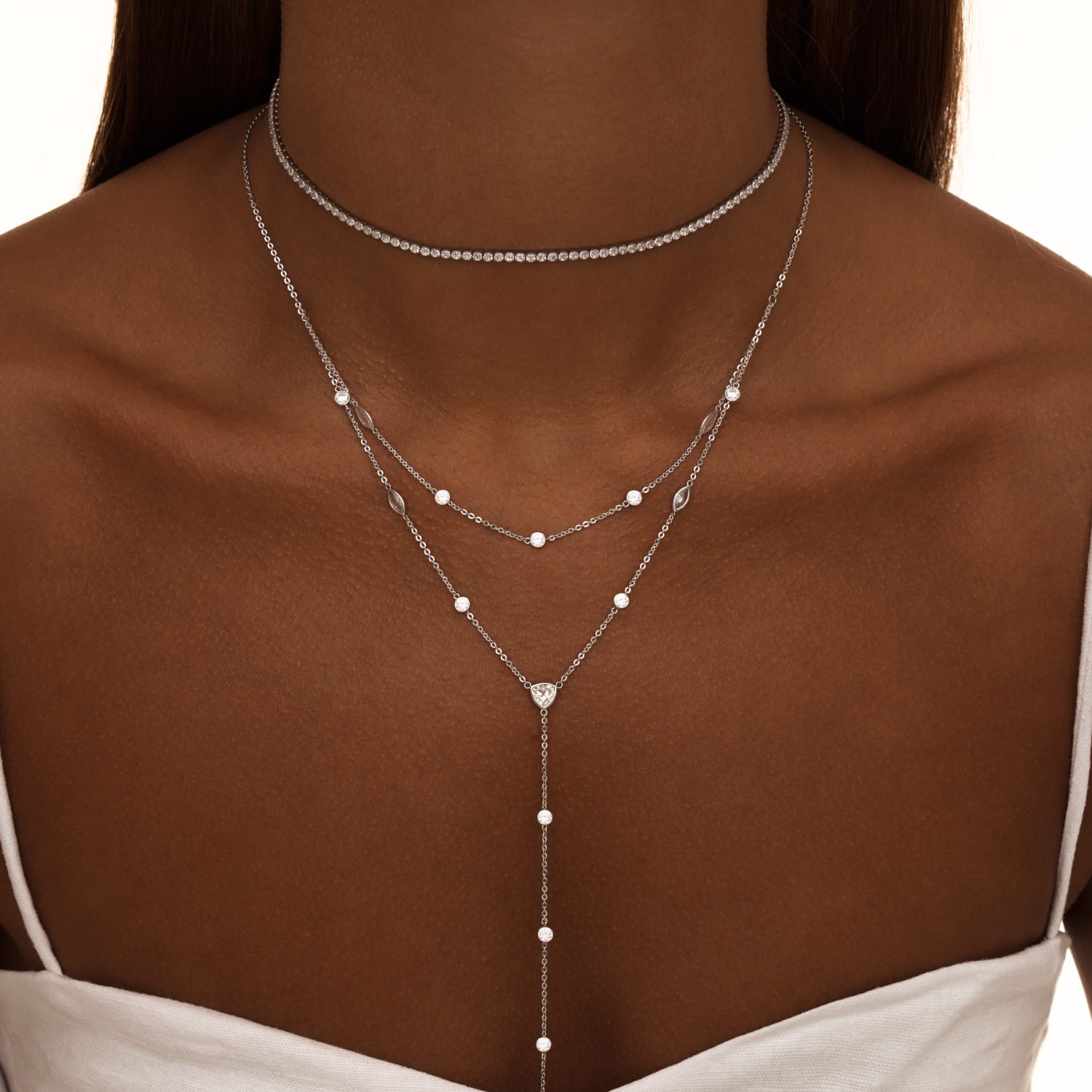 

Двойное колье-галстук из серебра с фианитами MIE