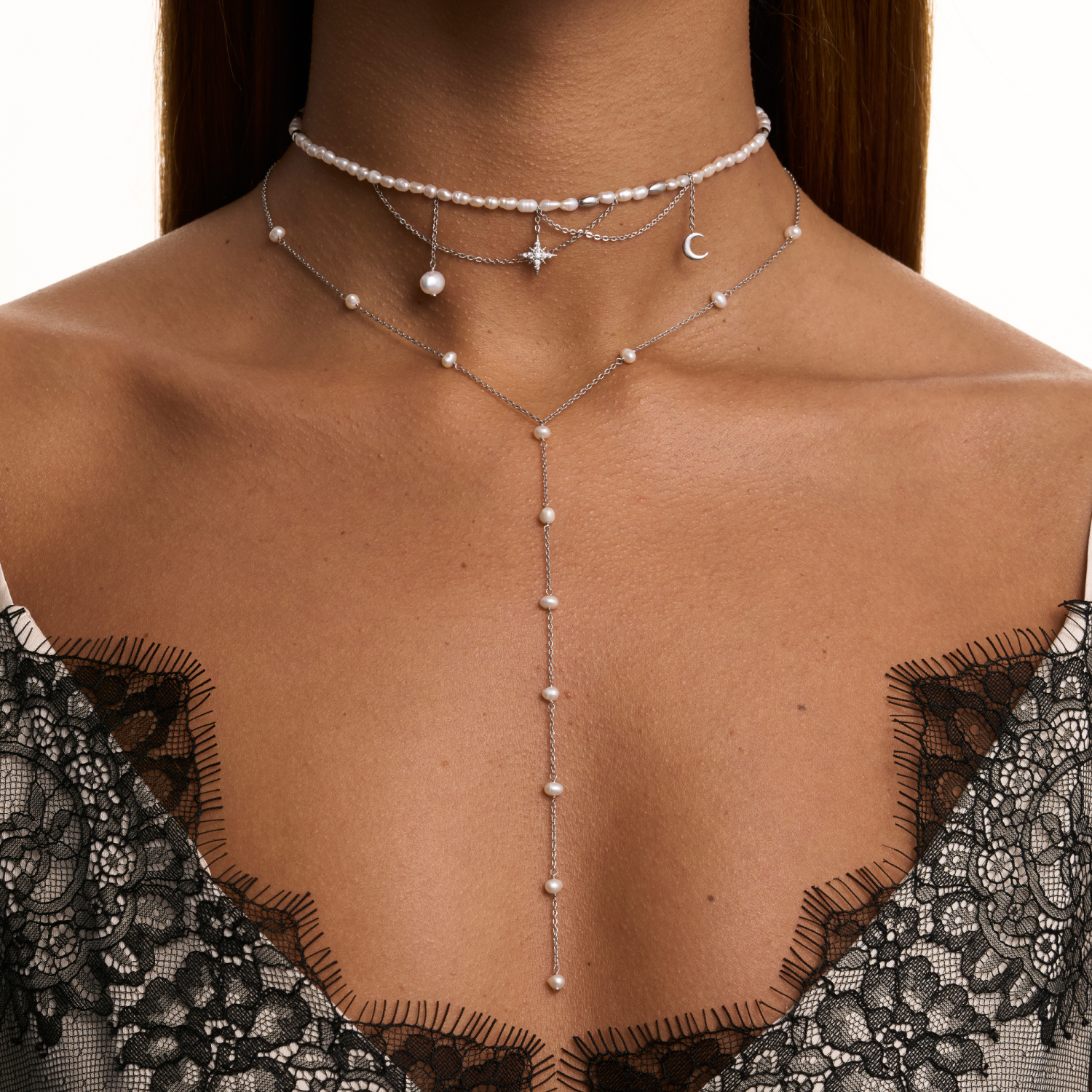 Արծաթե փողկապի վզնոց բնական մարգարիտներով MIE