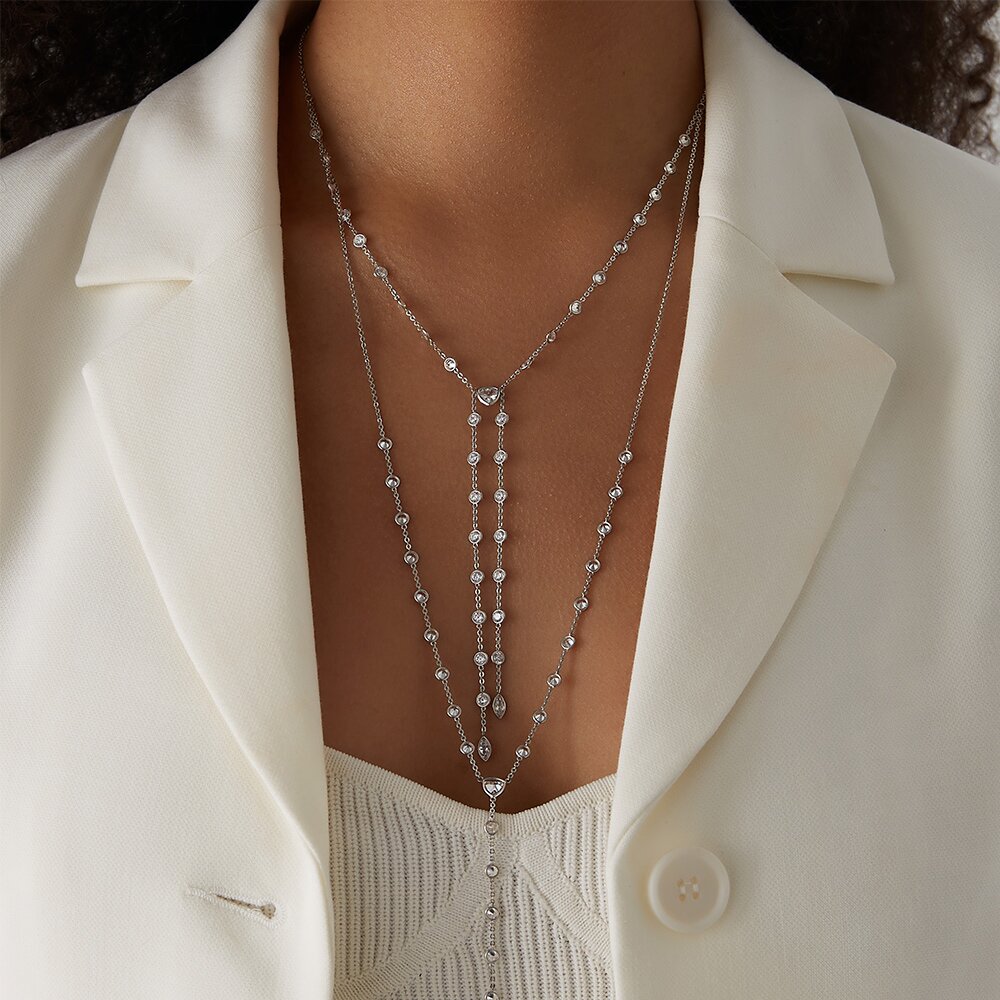 Многослойное колье-галстук из серебра с фианитами, артикул - N6610100,купить по выгодной цене в интернет-магазине MIE