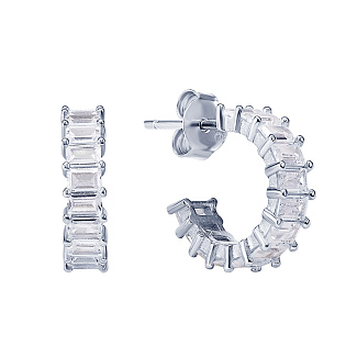 Серебряные серьги - кольца с фианитами Baguette Miestilo