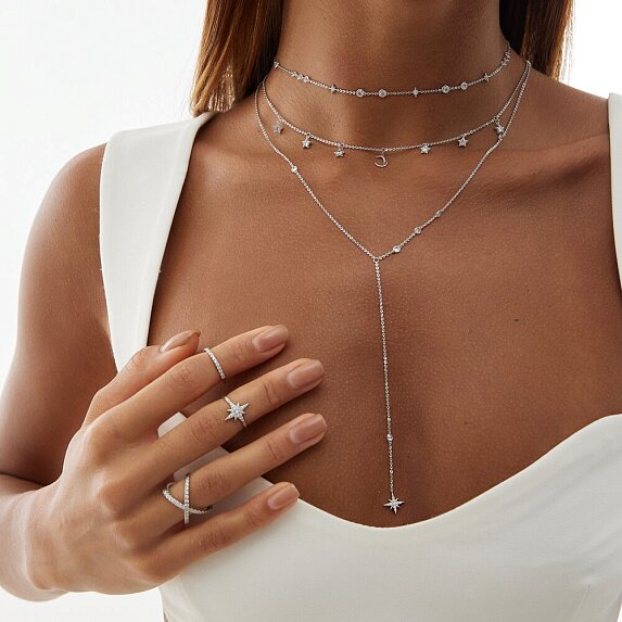 Серебряное колье со звёздами и полумесяцем с фианитами Isida Miestilo