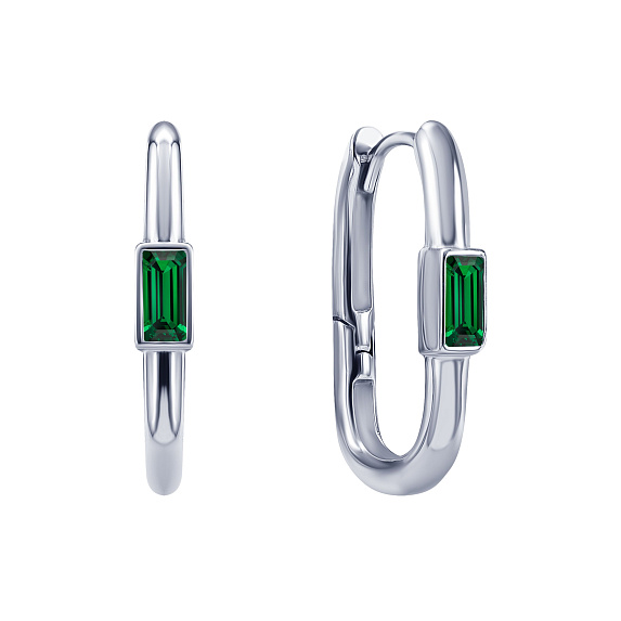 Серебряные серьги-кольца с зелёными фианитами в огранке багет Miestilo