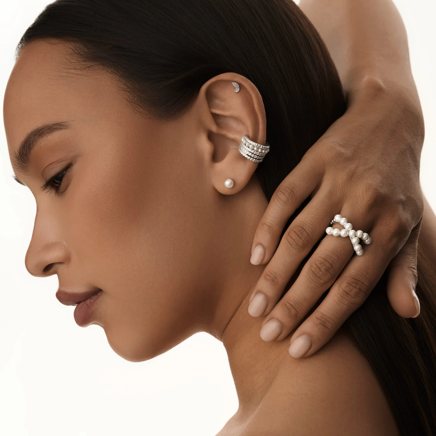 Серебряный пирсинг в ухо с фианитами MIESTILO