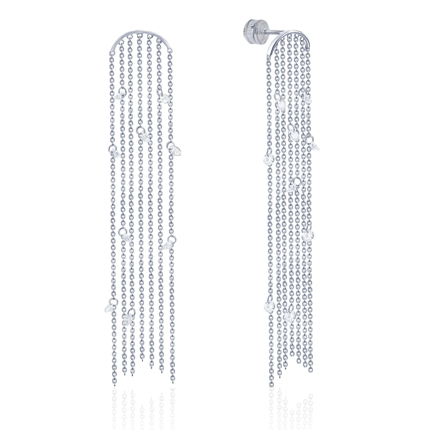 Длинные серебряные серьги с цепями и фианитами "Невесомость"