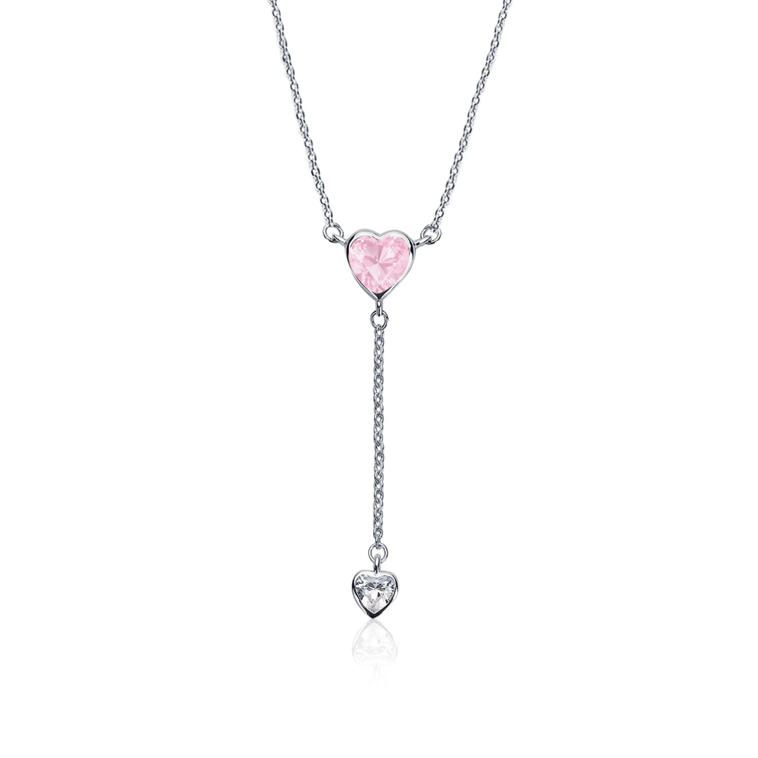 Серебряное колье-галстук ЛЮБОВЬ с розовым и белым сердцами