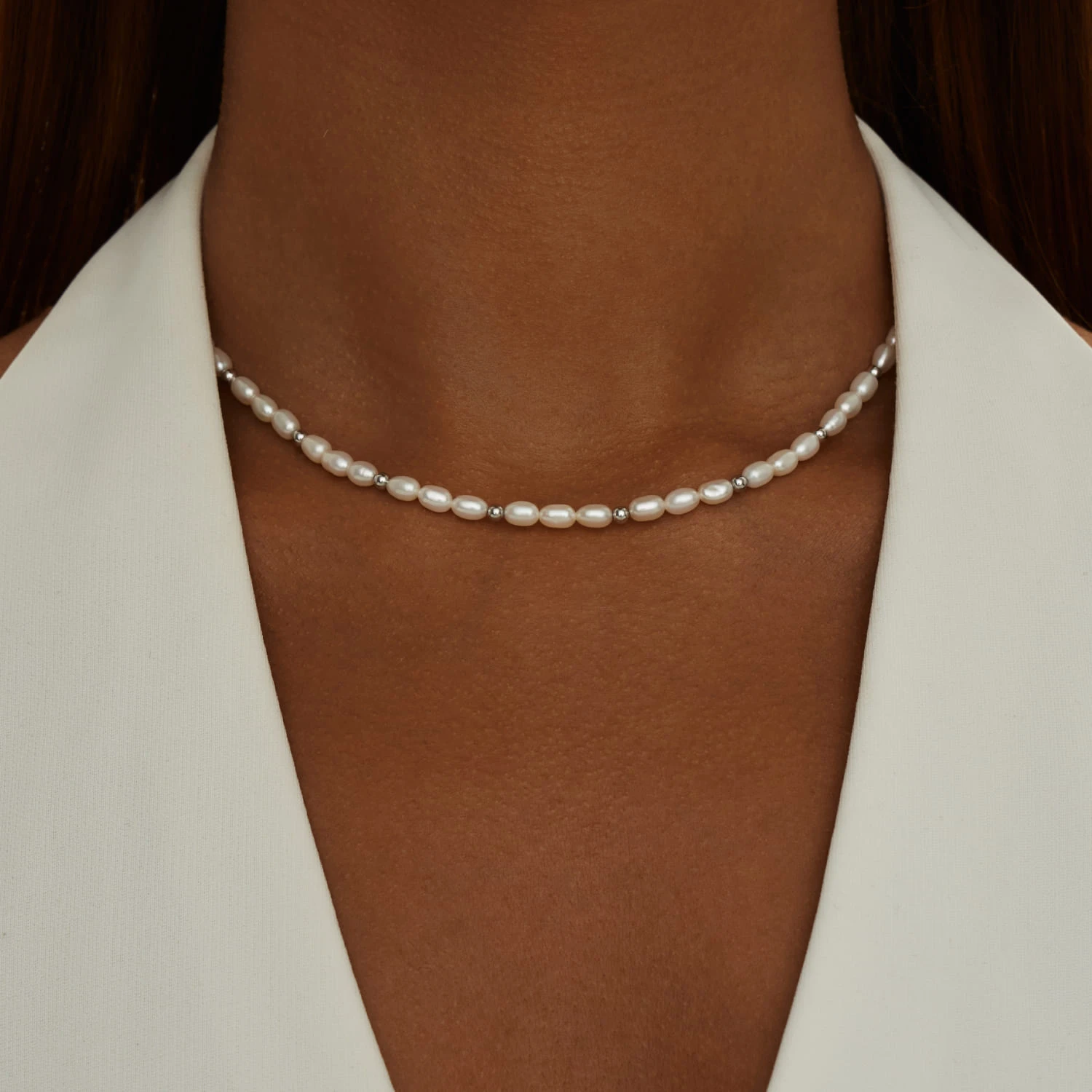 Серебряное колье-галстук DIANA с натуральным жемчугом