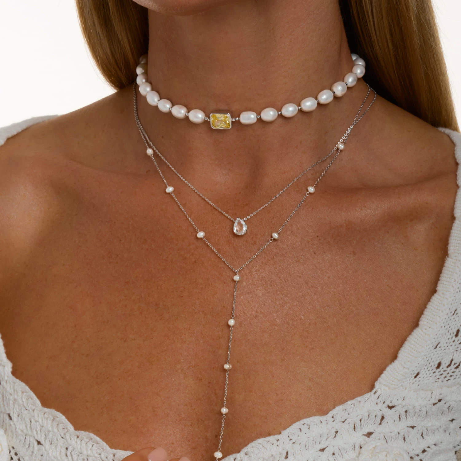 Серебряный чокер СИЦИЛИЯ из жемчуга с желтым фианитом