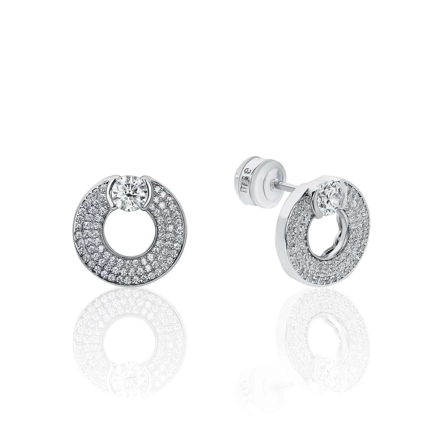 Серебряные круглые серьги-пусеты с фианитами