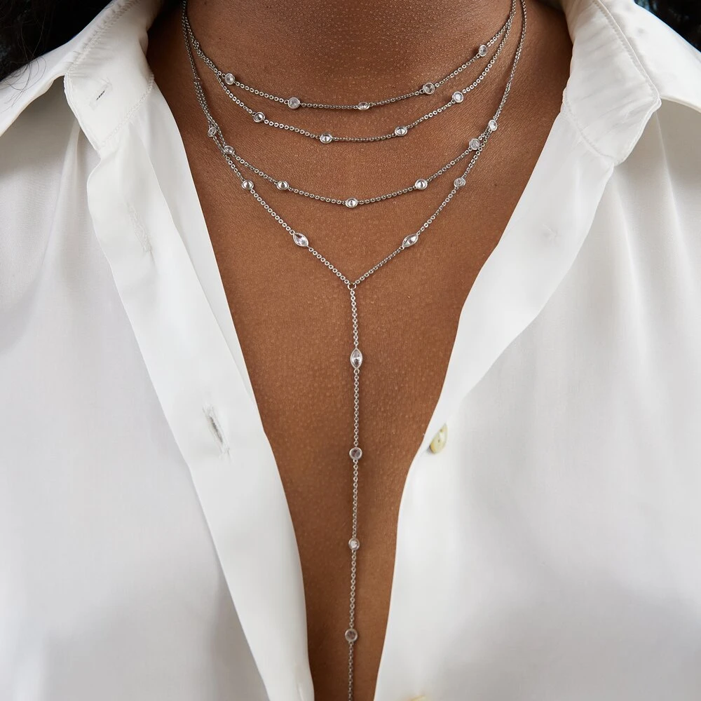 Двойное колье-галстук из серебра с фианитами