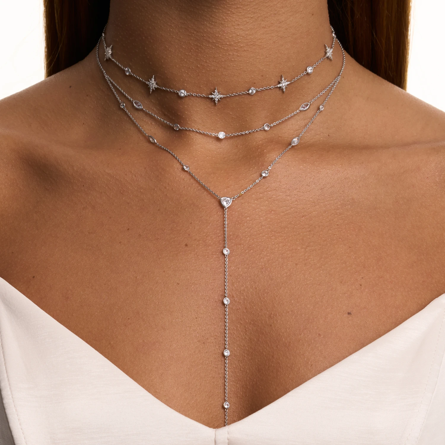 Двойное колье-галстук из серебра с фианитами