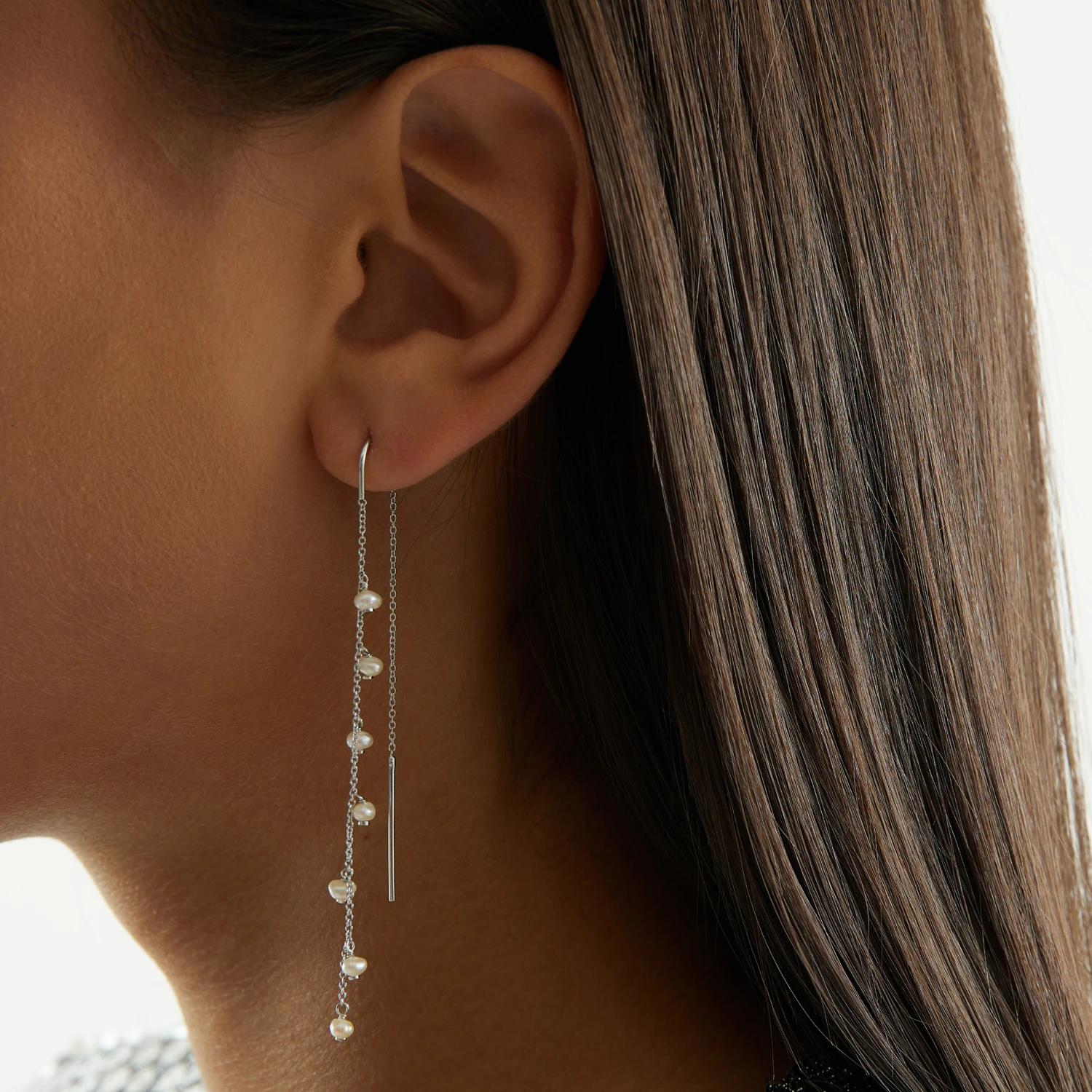 Серьги цепочки из серебра с натуральным жемчугом