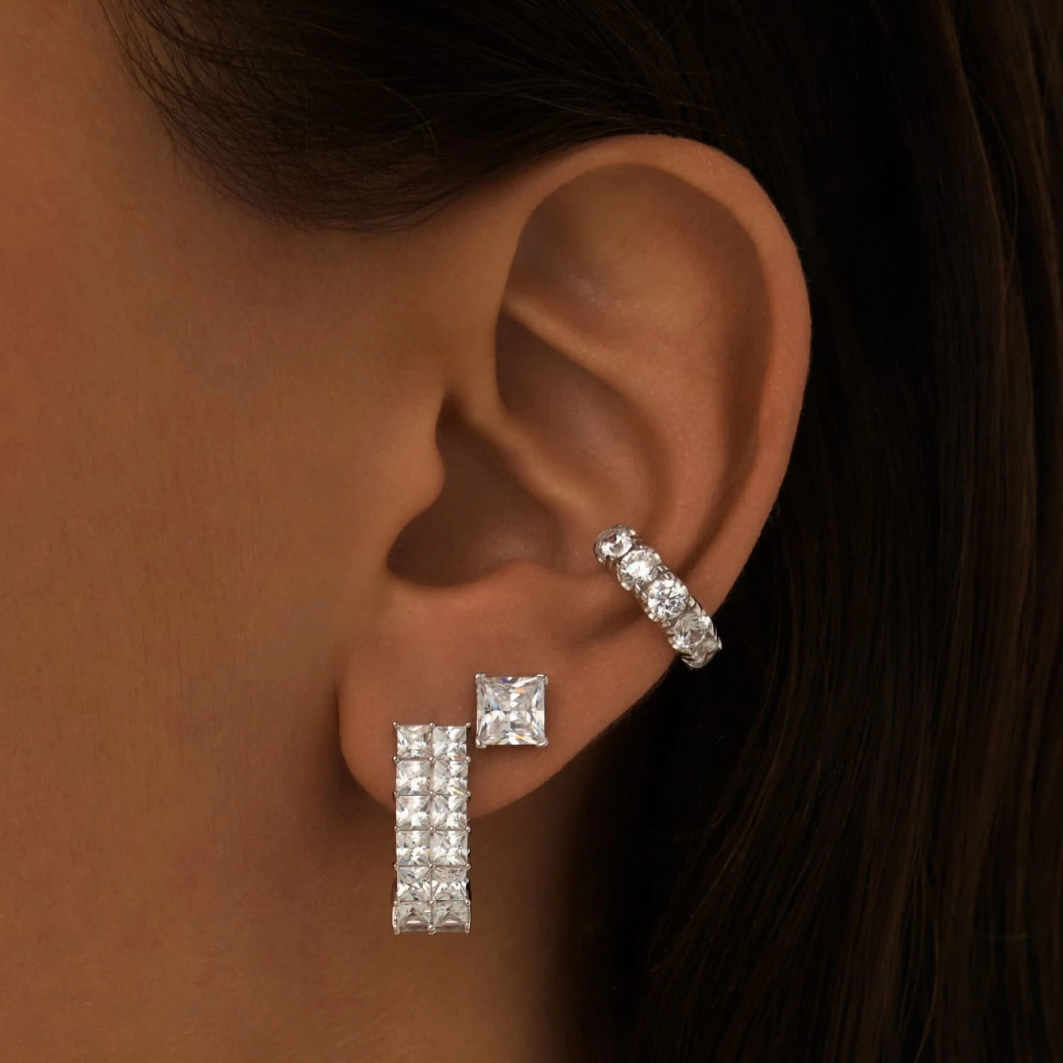 Серебряные двойные серьги с фианитами