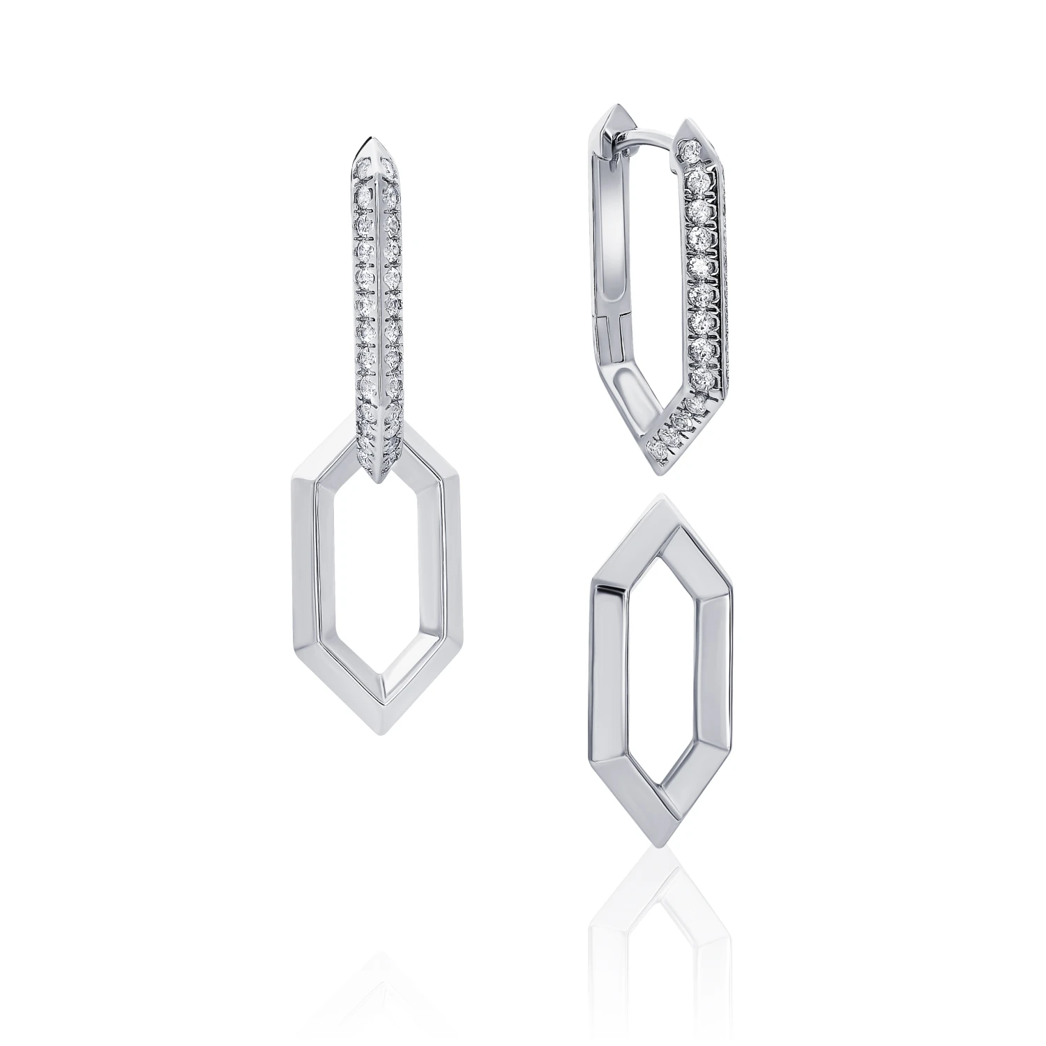 Серебряные многогранные серьги-трансформеры с фианитами