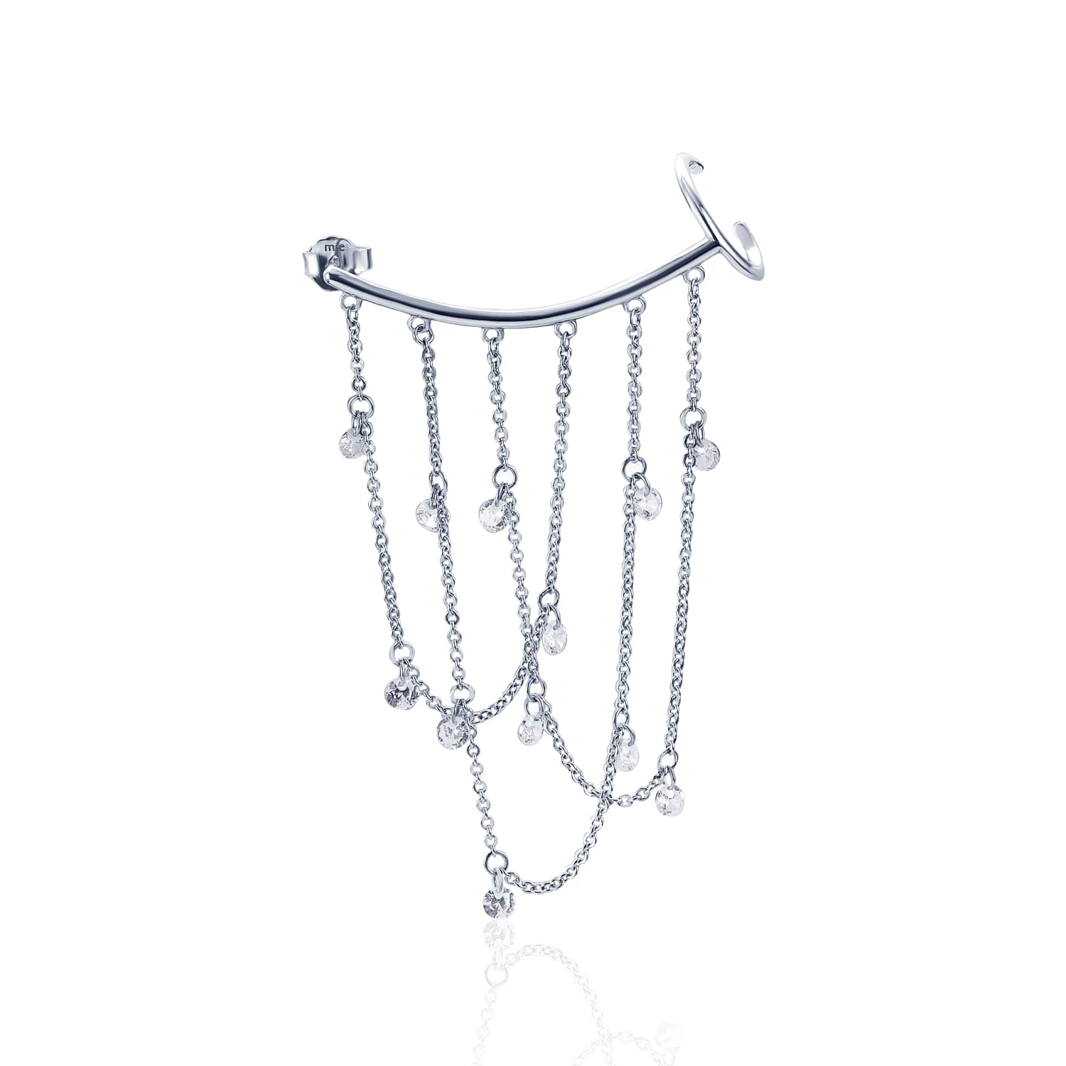 Серебряная крупная моносерьга с цепями и фианитами "Невесомость"