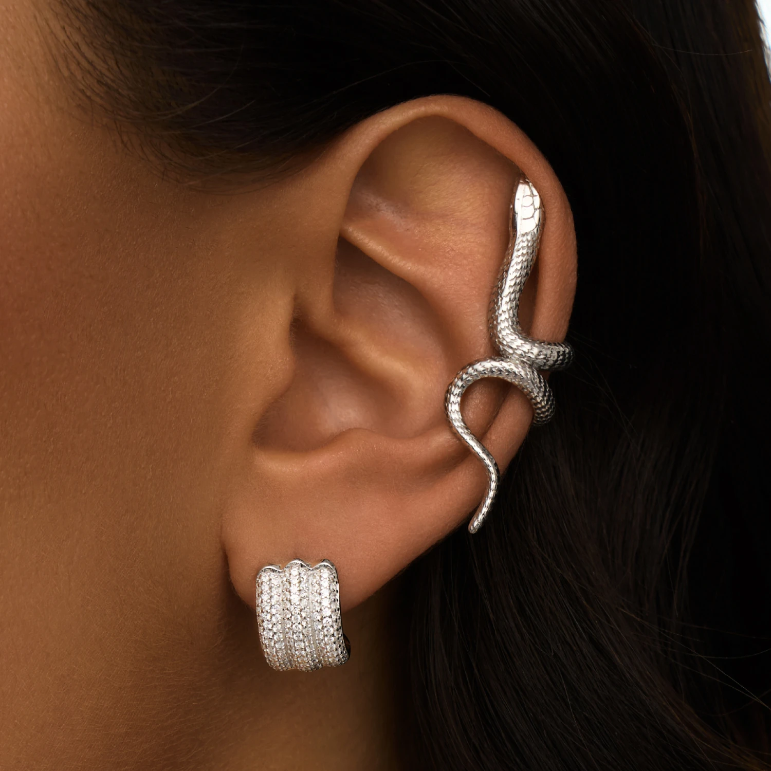 Серебряные тройные серьги с фианитами