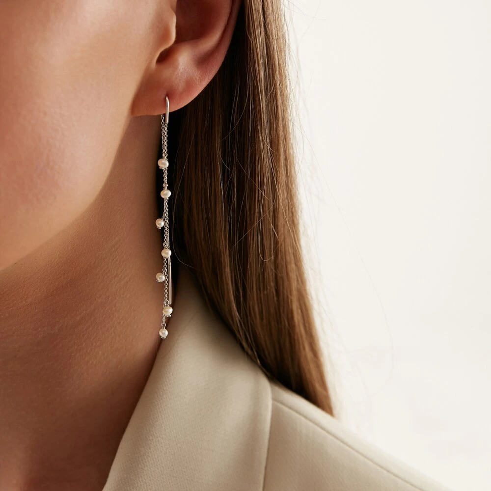 Серьги цепочки из серебра с натуральным жемчугом