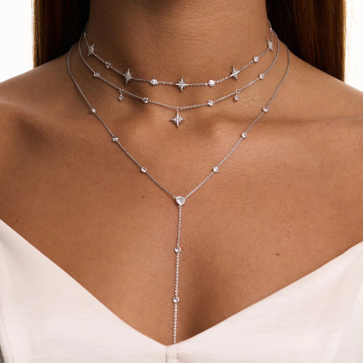 Серебряное колье со звёздами и фианитами Isida