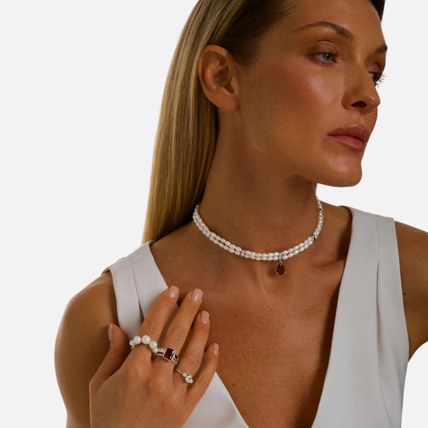 Серебряный чокер СИЦИЛИЯ из жемчуга и красным камнем