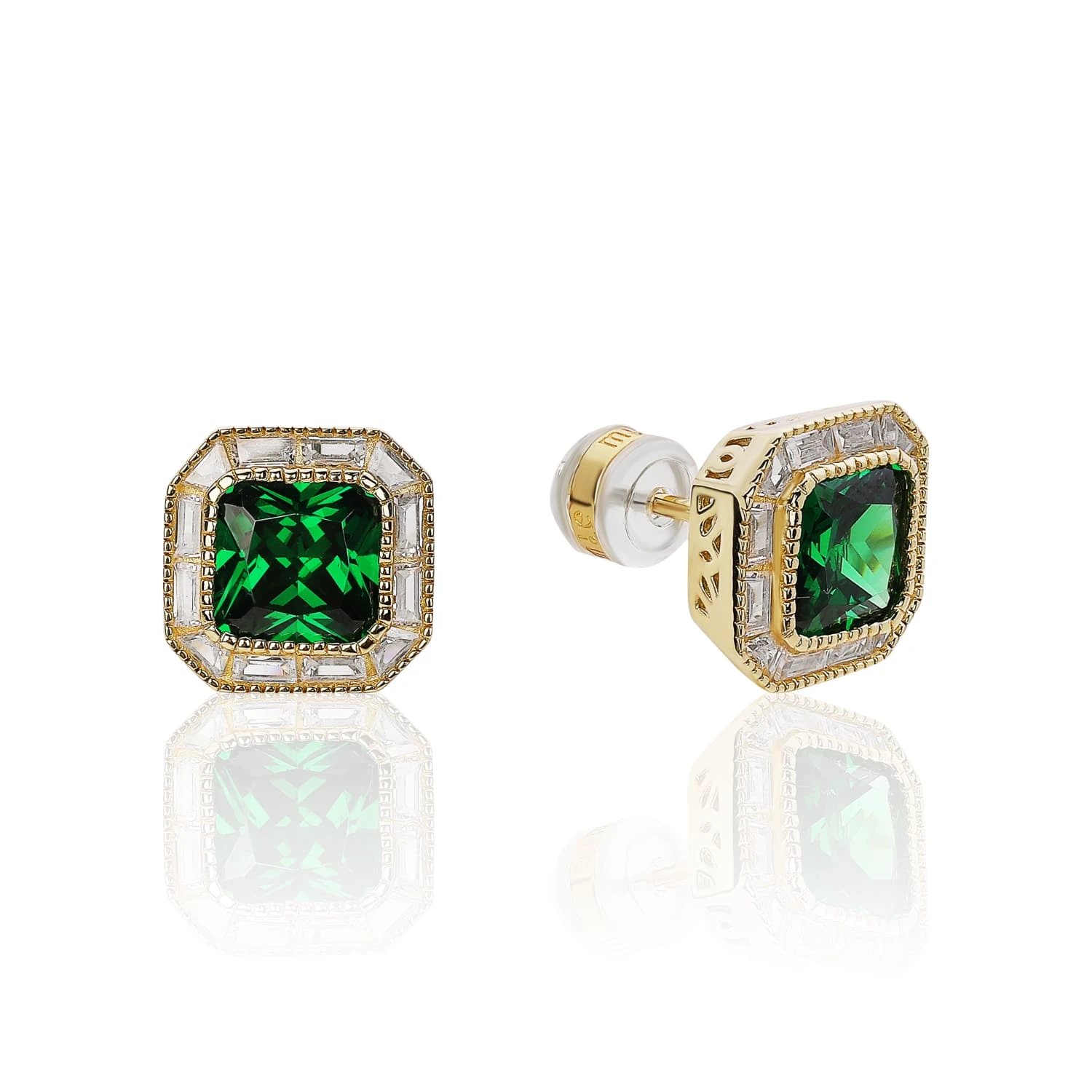 Серебряные серьги-пусеты с зеленым фианитом в покрытии желтое золото