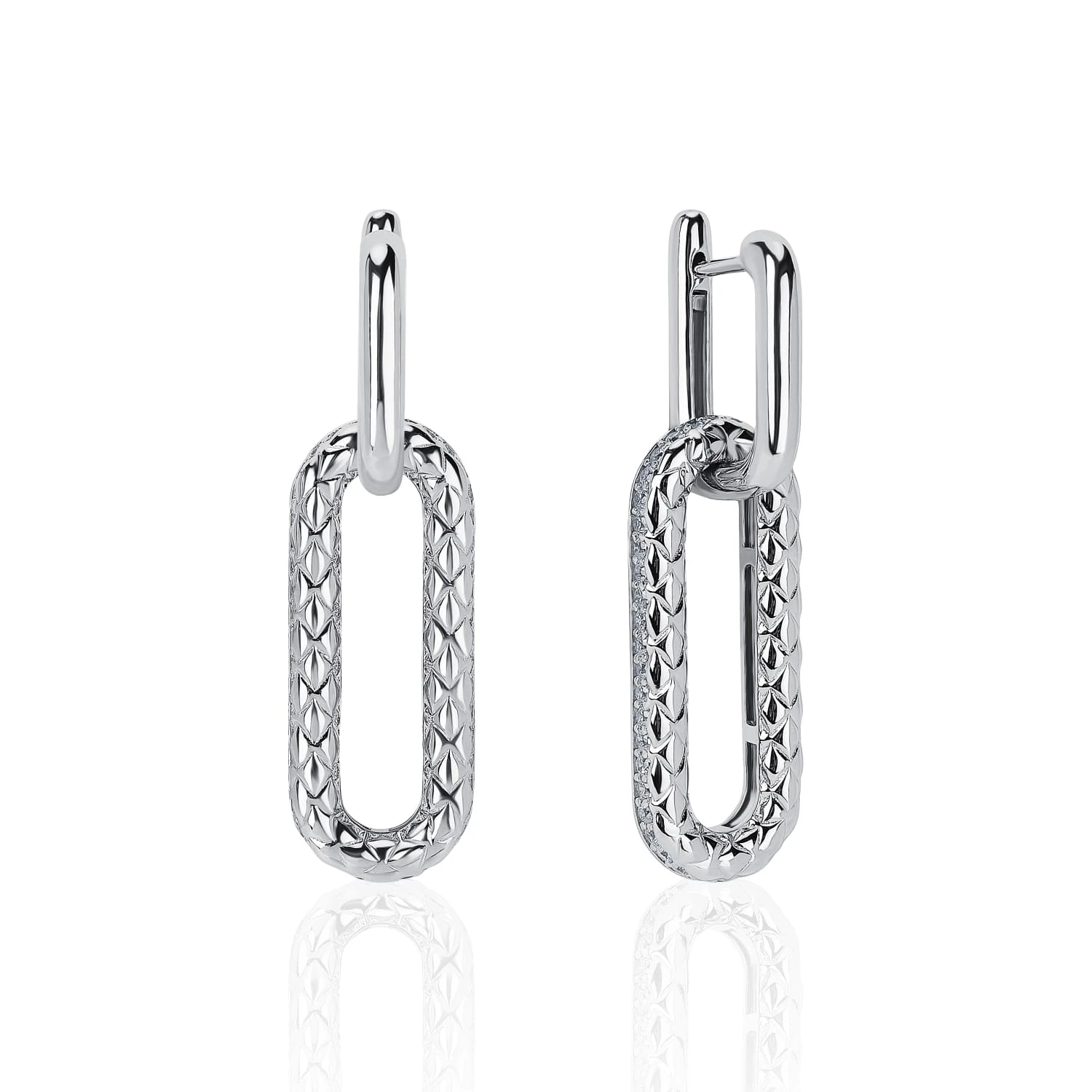 Серебряные серьги-трансформеры с фактурными овалами и фианитами