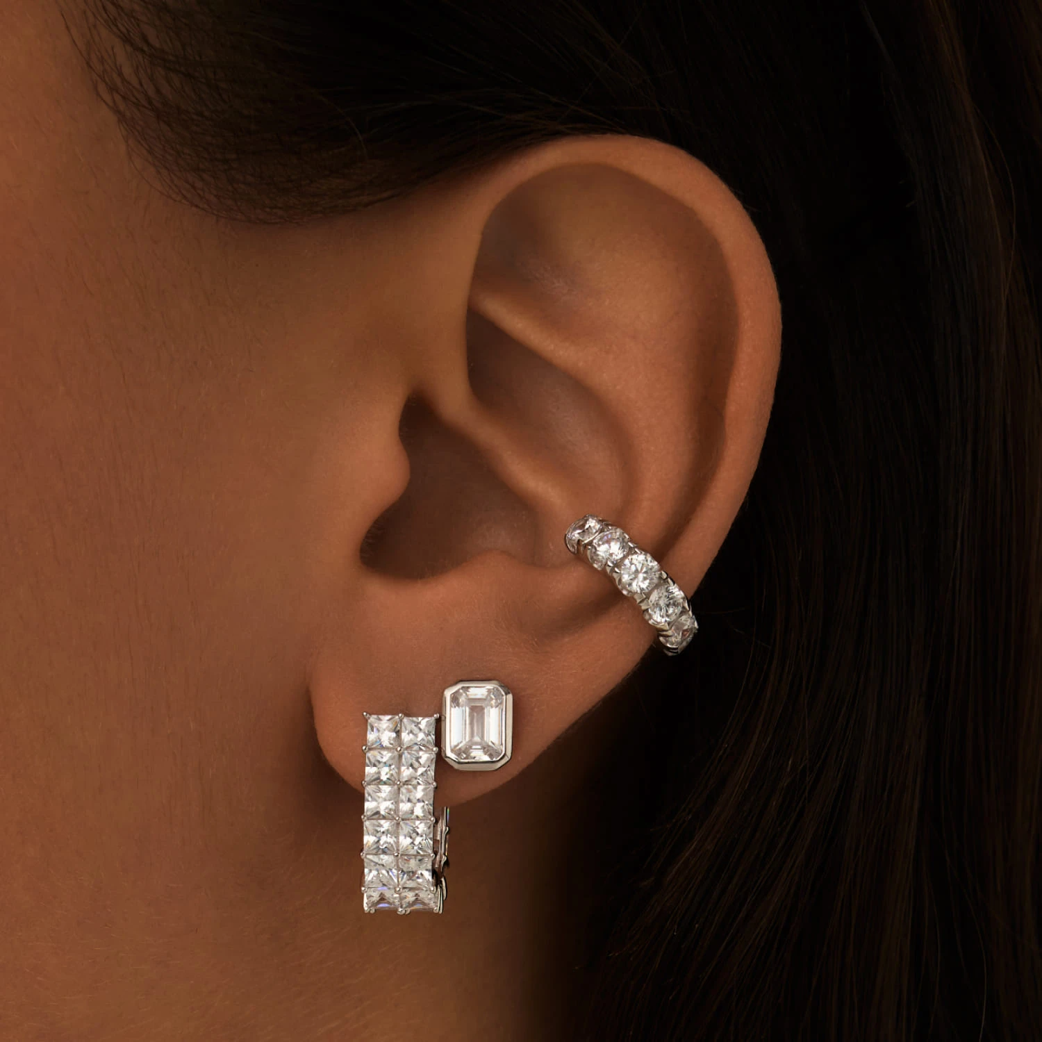 Серебряные двойные серьги с фианитами