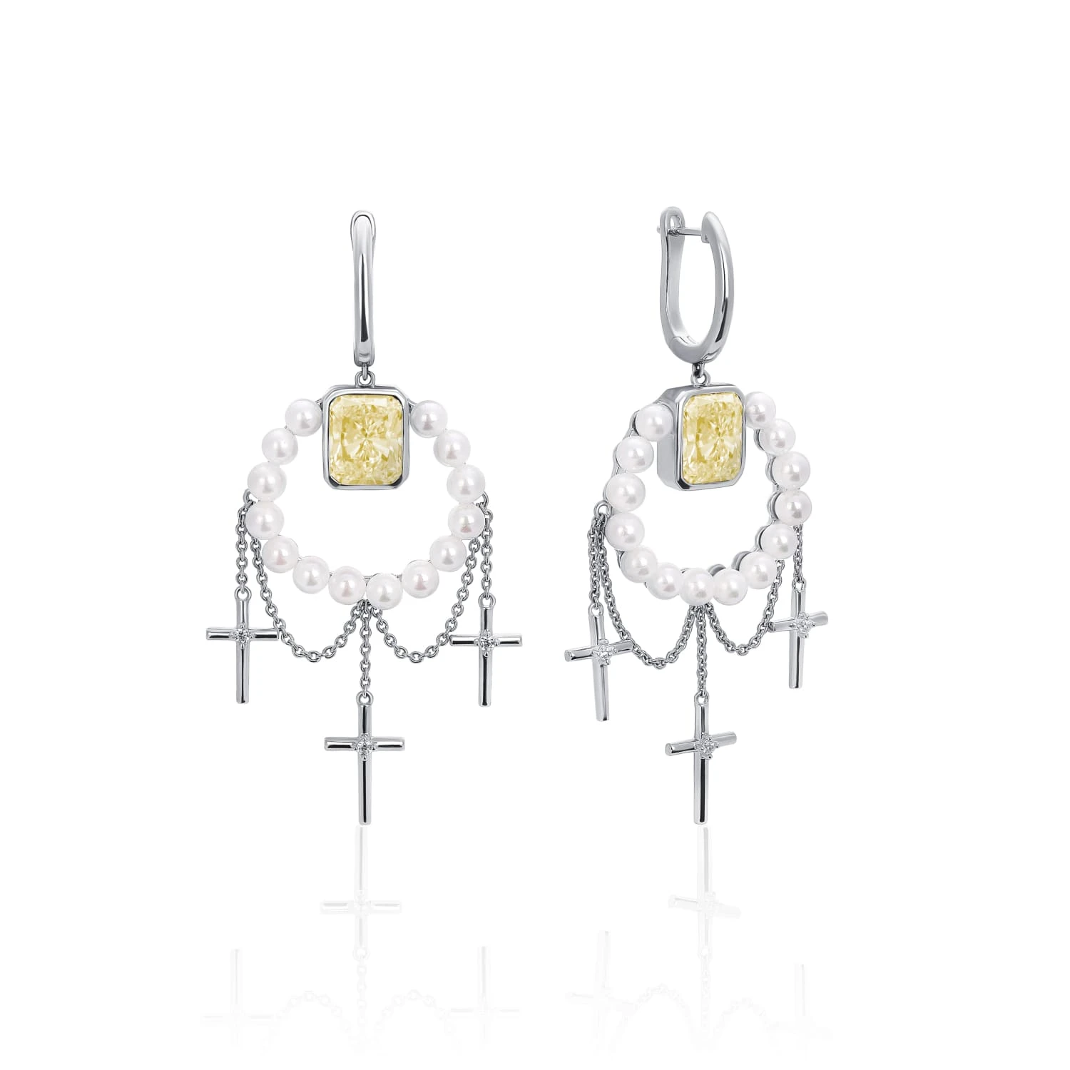 Серебряные серьги SICILIA с жемчугом, подвесками с крестами и желтым фианитом