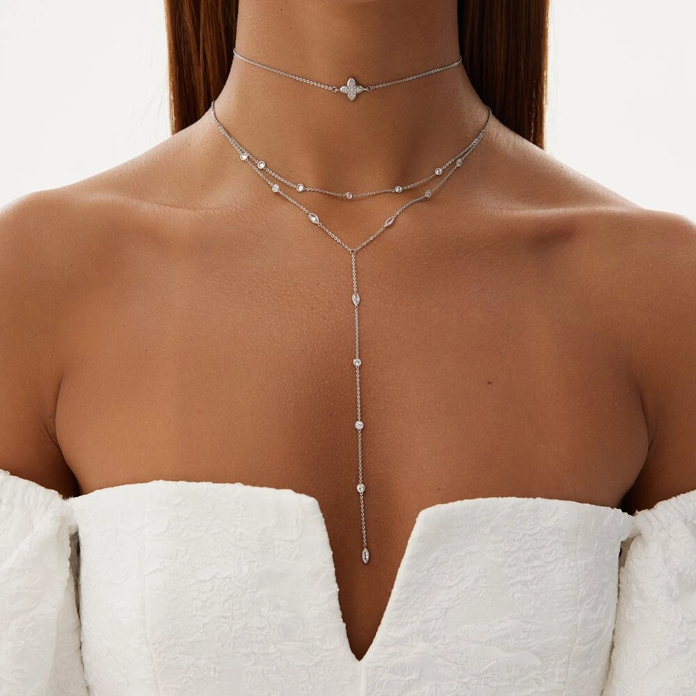 Двойное колье-галстук из серебра с фианитами