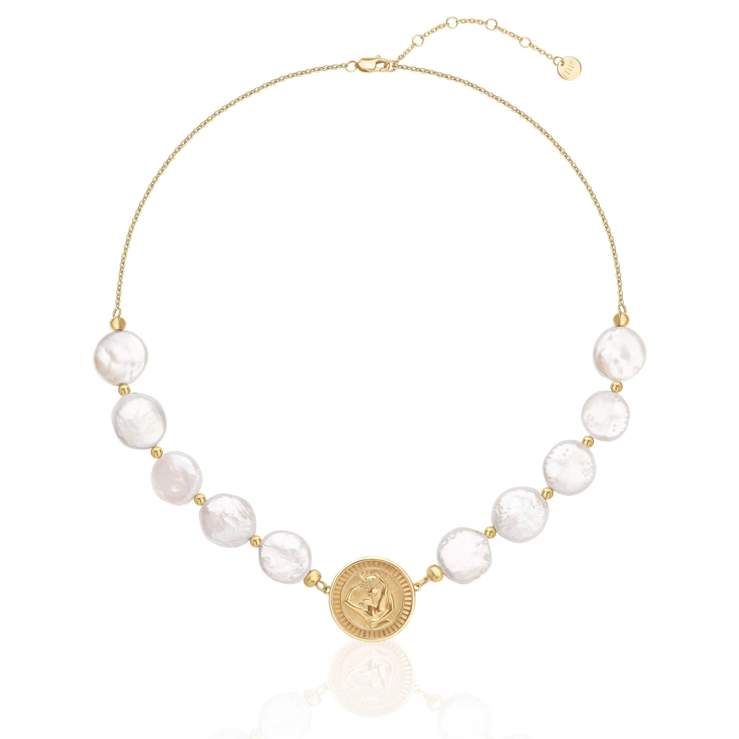 Серебряное колье с барочным жемчугом монетой AMOR в покрытии желтое золото