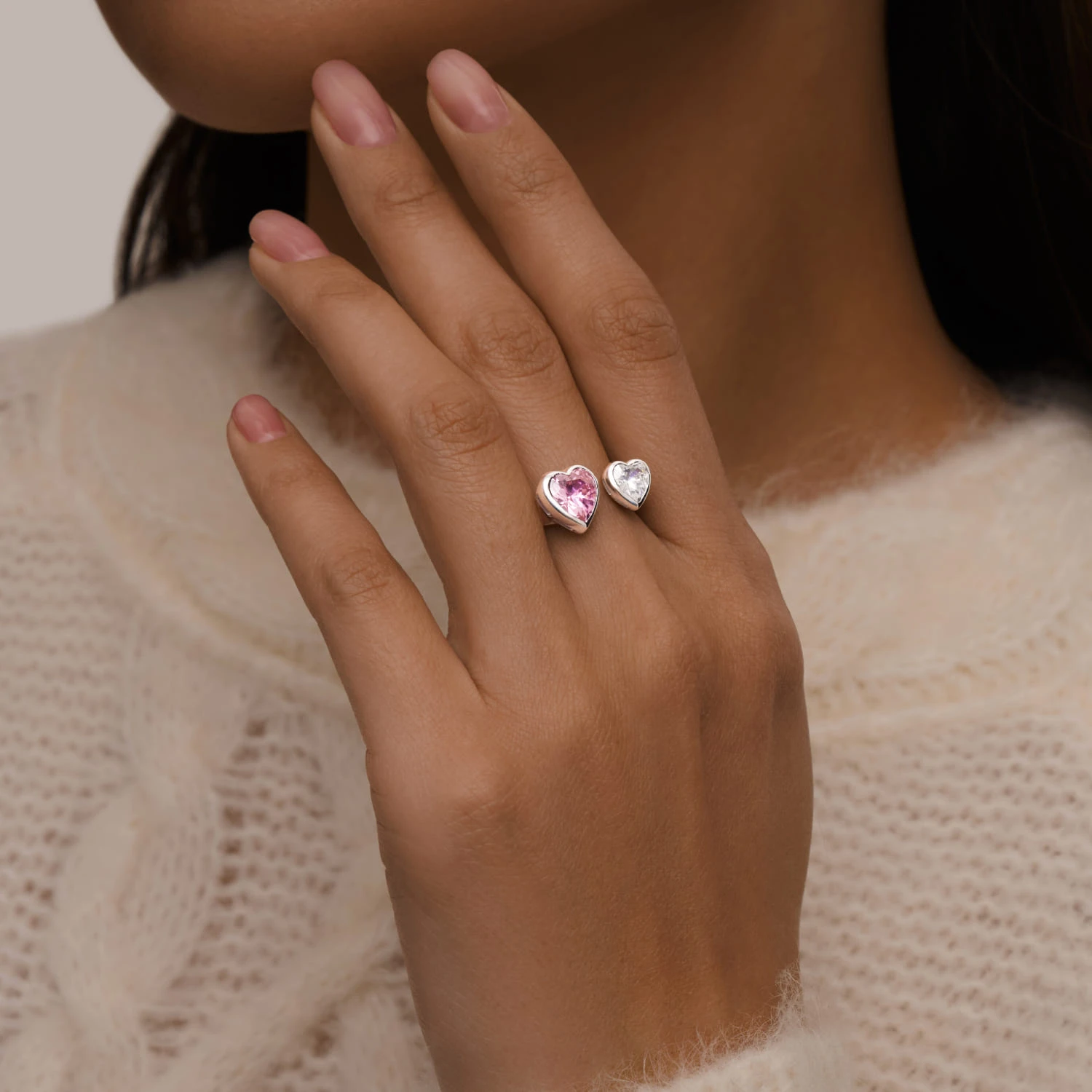 Серебряное разомкнутое кольцо SWEETHEART с двумя сердцами