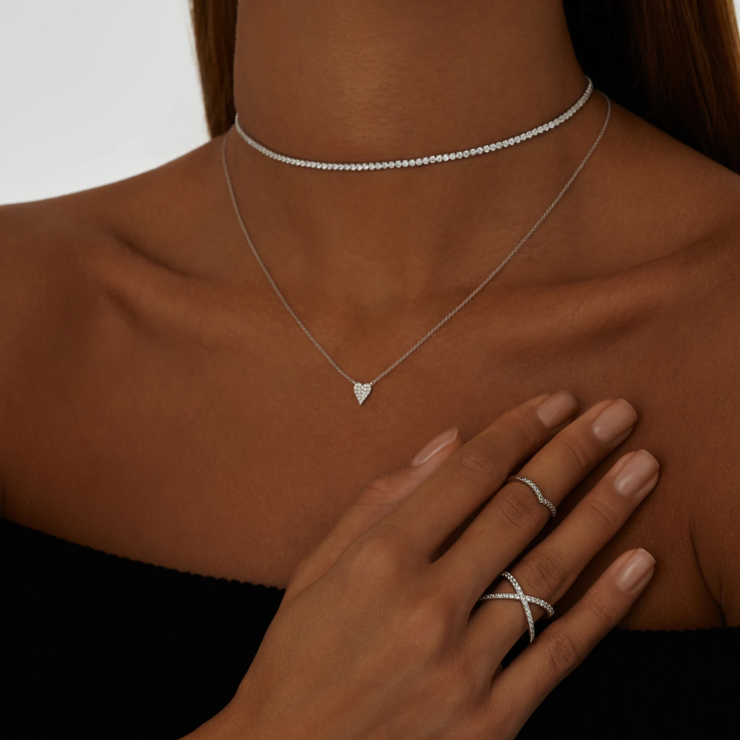 Теннисное серебряное колье чокер с фианитами