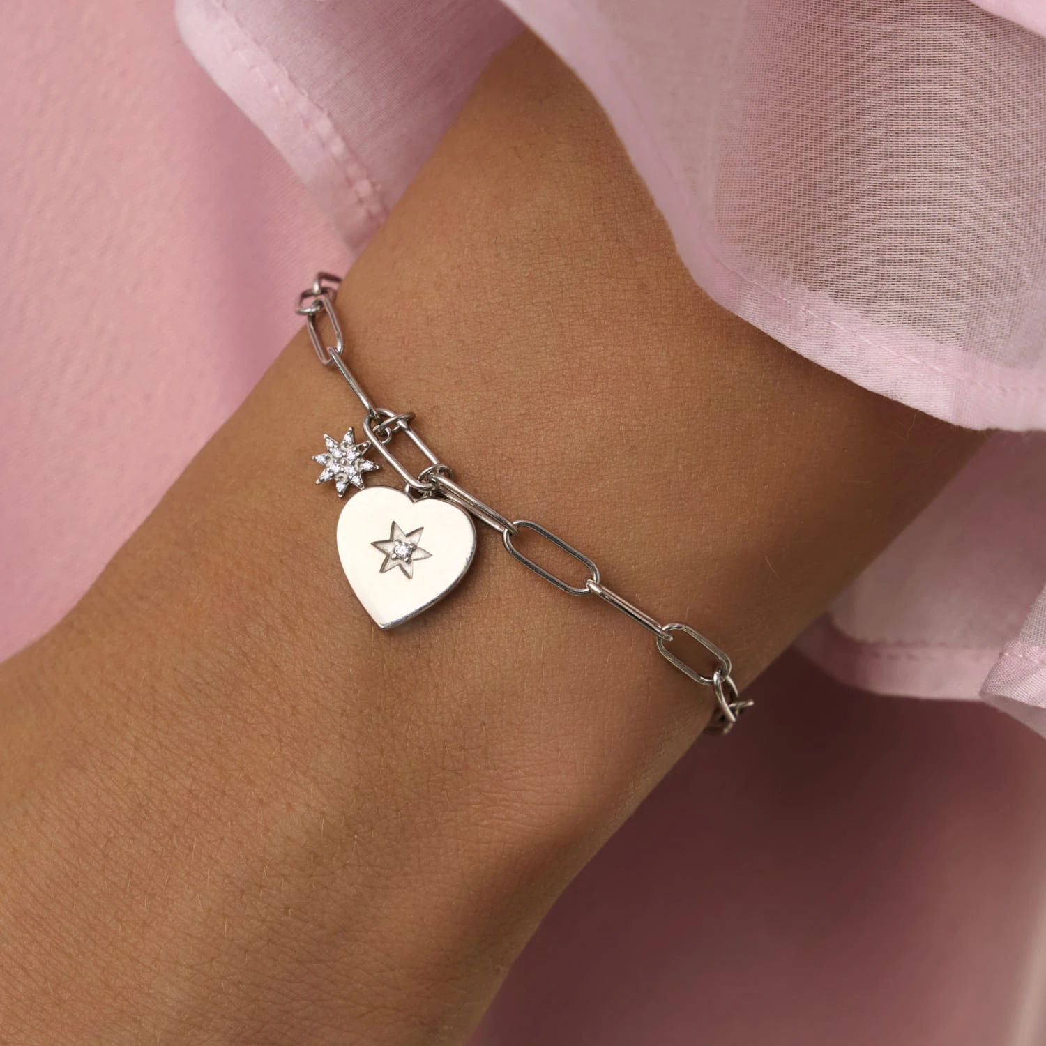 Серебряный браслет с акцентной цепочкой и подвеской в виде сердца MIESTILO