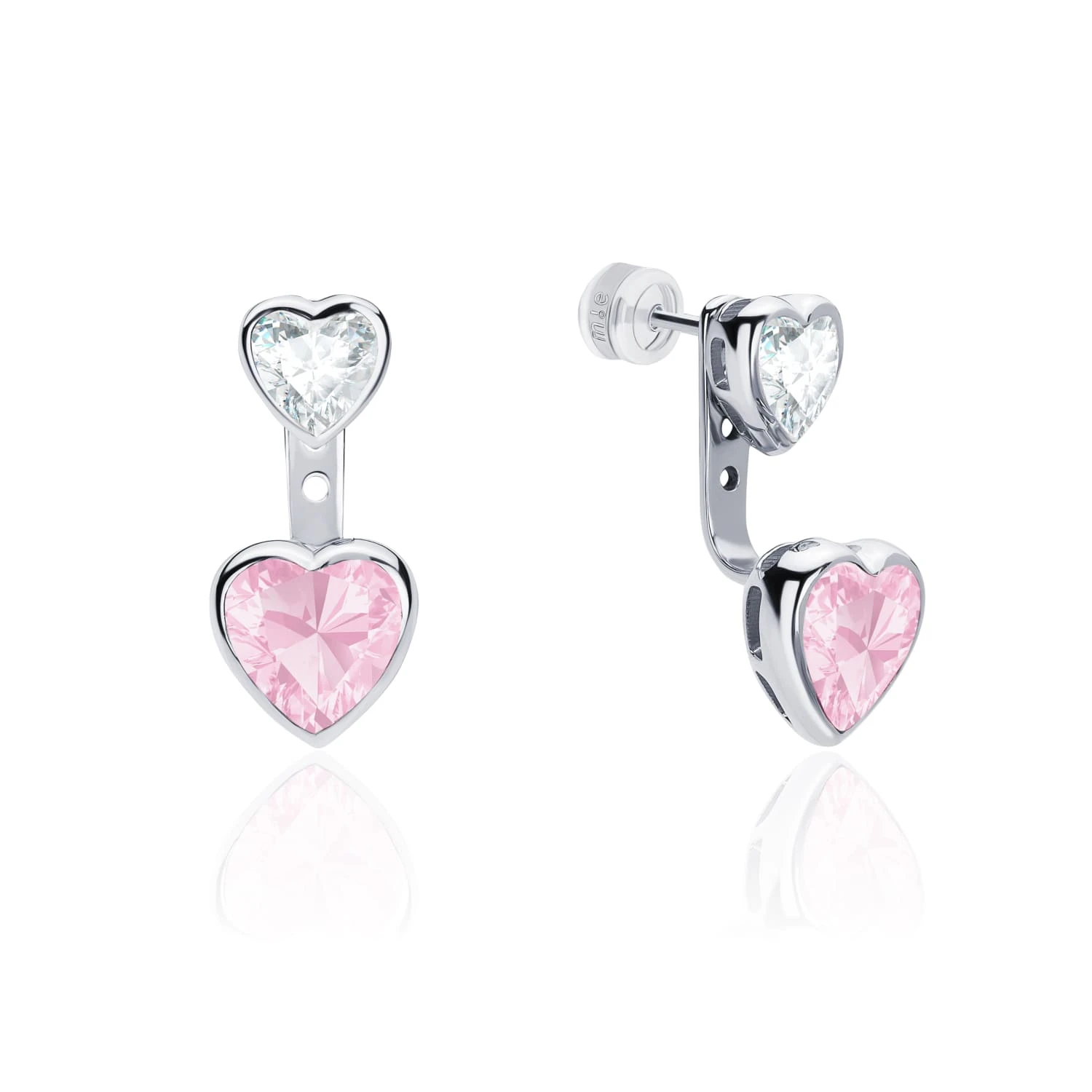 Серебряные серьги-трансформеры ЛЮБОВЬ с белым и розовым сердцами