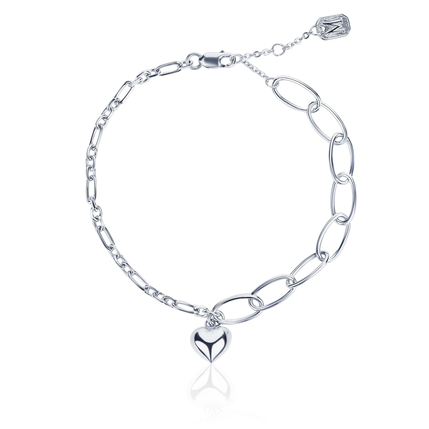 Акцентный серебряный браслет с дутым сердцем и 2 видами цепочки MIESTILO