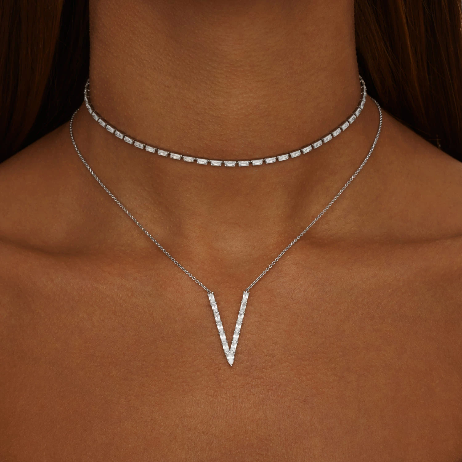 Серебряное колье Baguette с подвеской с фианитами