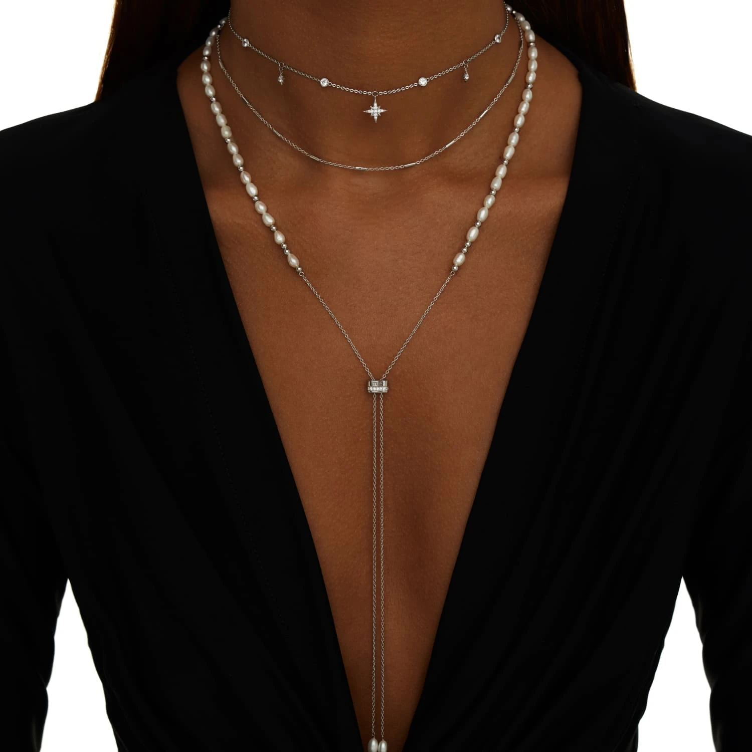 Серебряное колье-галстук DIANA с натуральным жемчугом