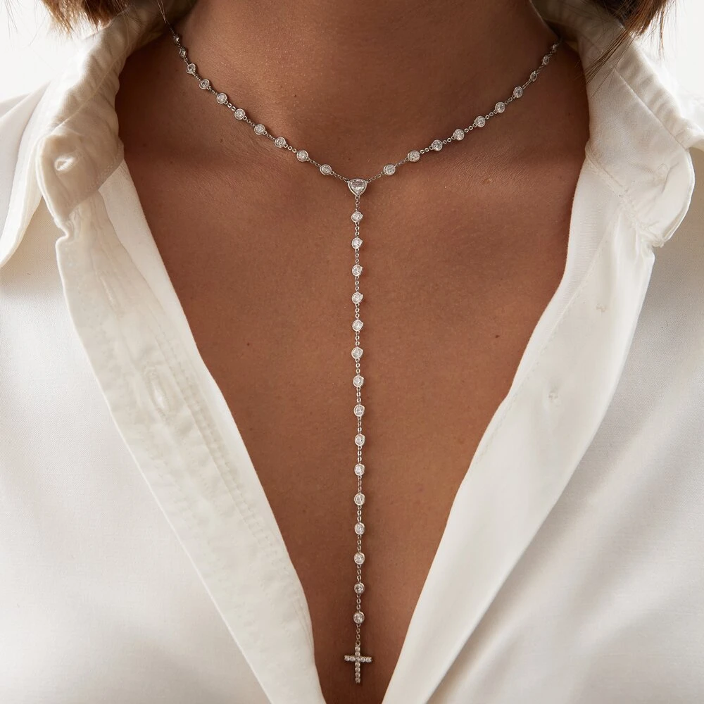 Колье-галстук из серебра с крестом и фианитами