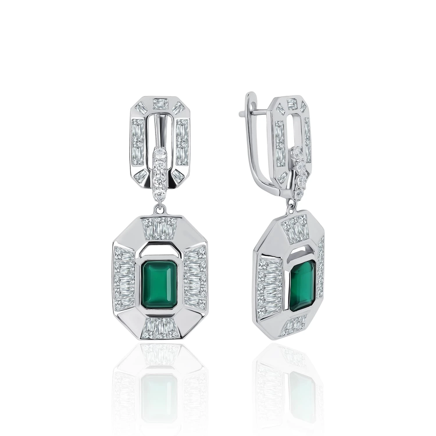 Серебряные серьги HARMONY с зеленым агатом и фианитами