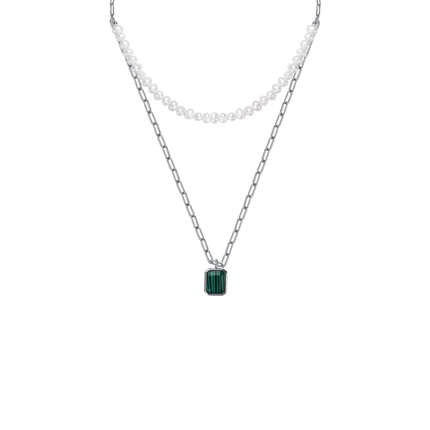 Серебряное двойное колье с синтетическим малахитом и культивированным речным жемчугом MIESTILO 