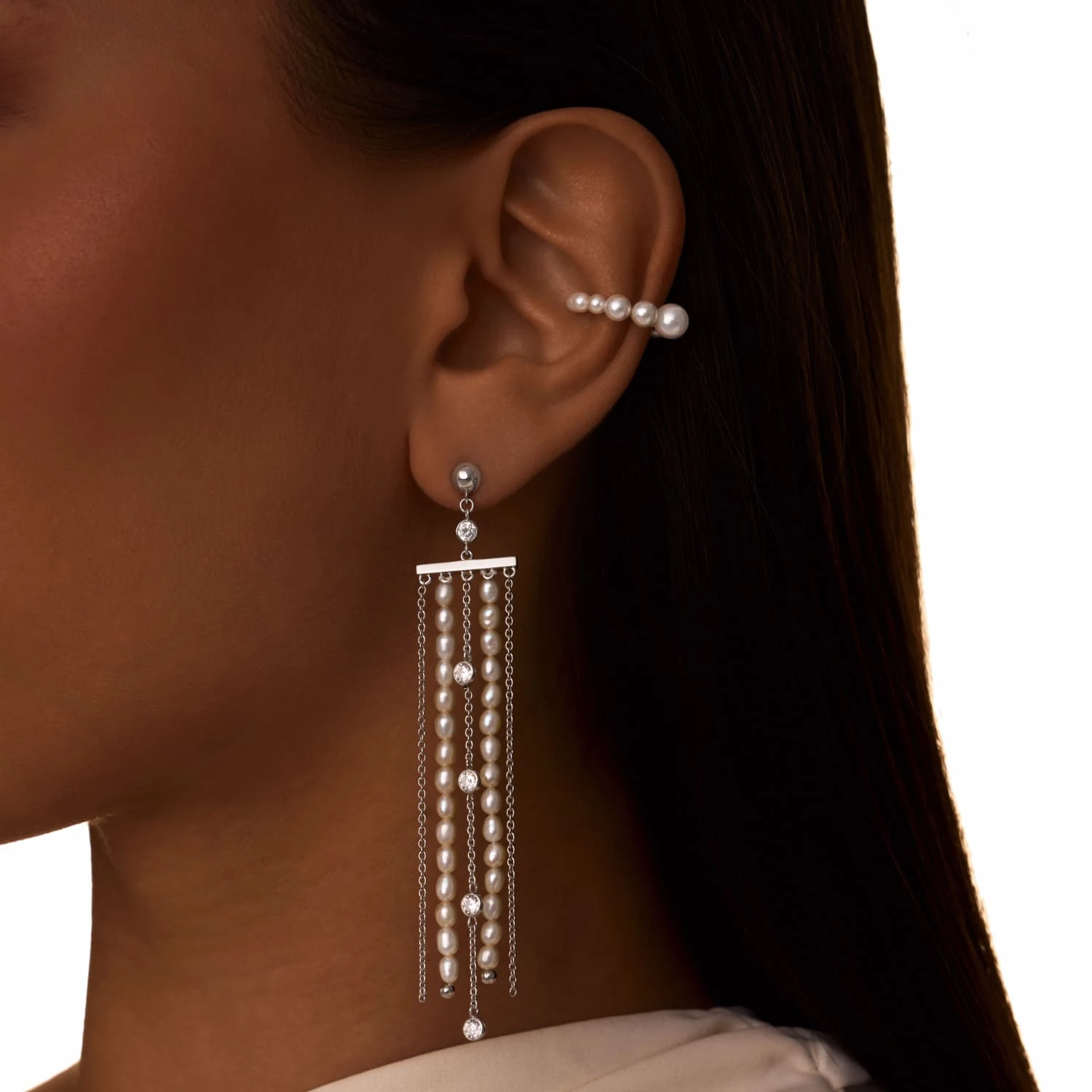 Серебряные серьги SICILIA с подвесками с жемчугом и фианитами