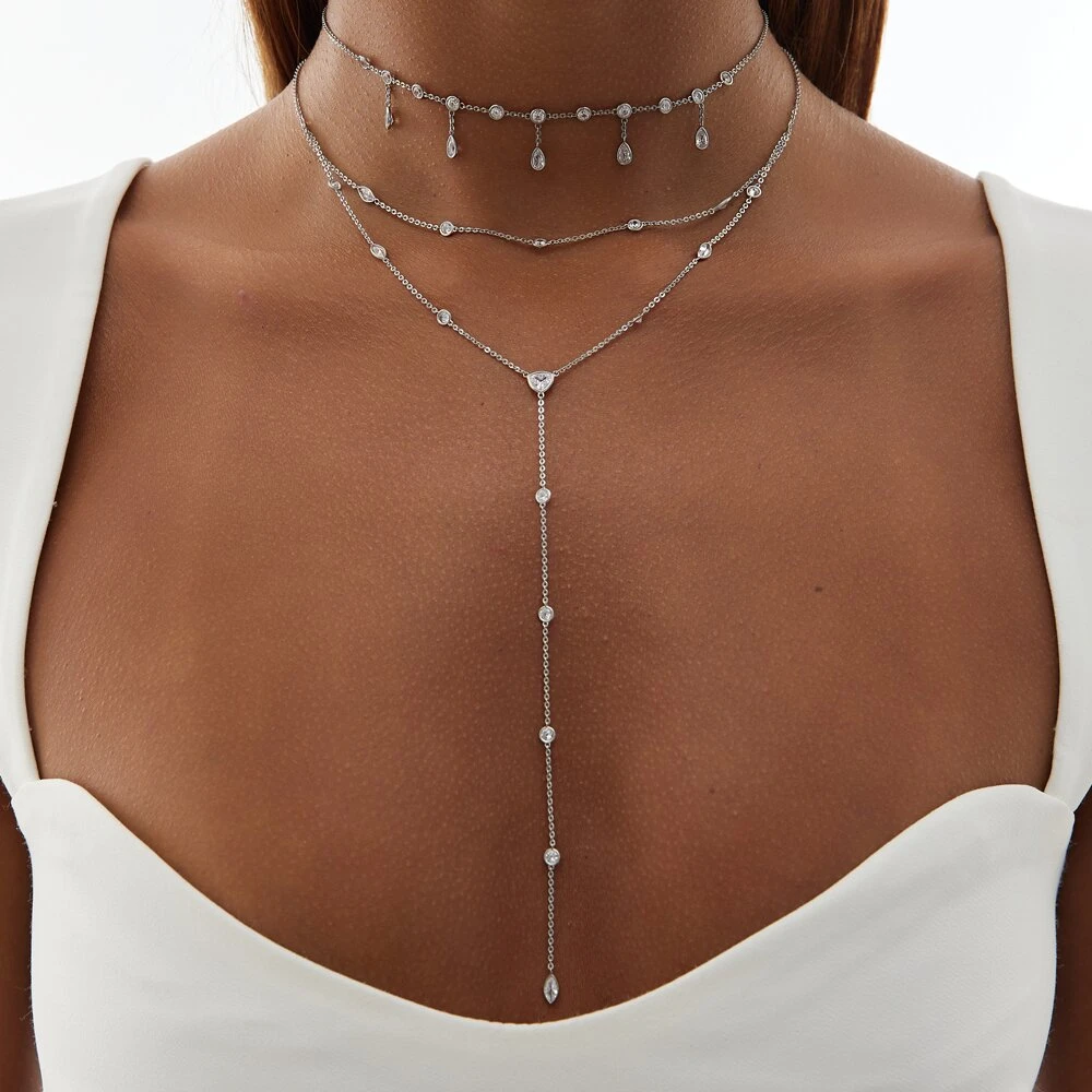 Двойное колье-галстук из серебра с фианитами