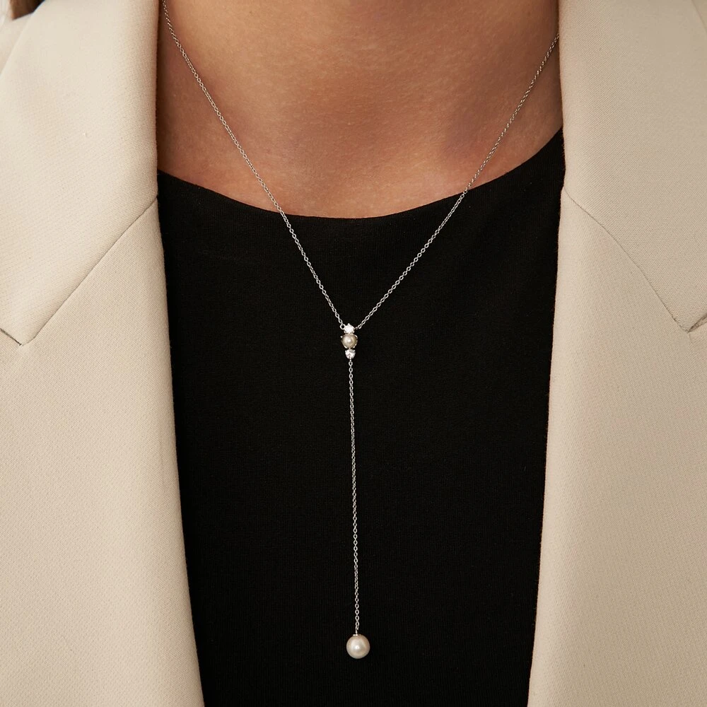 Серебряное колье-галстук с натуральным жемчугом