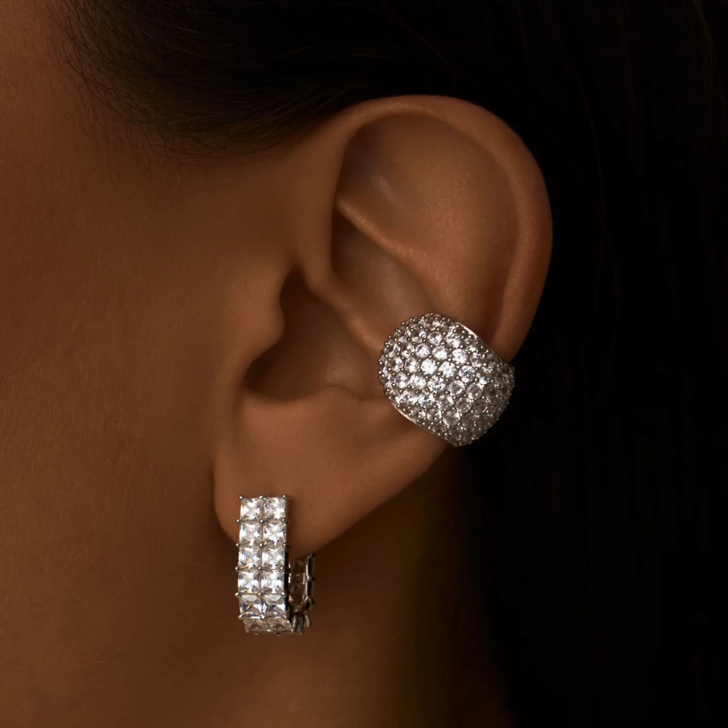 Серебряные двойные серьги с фианитами