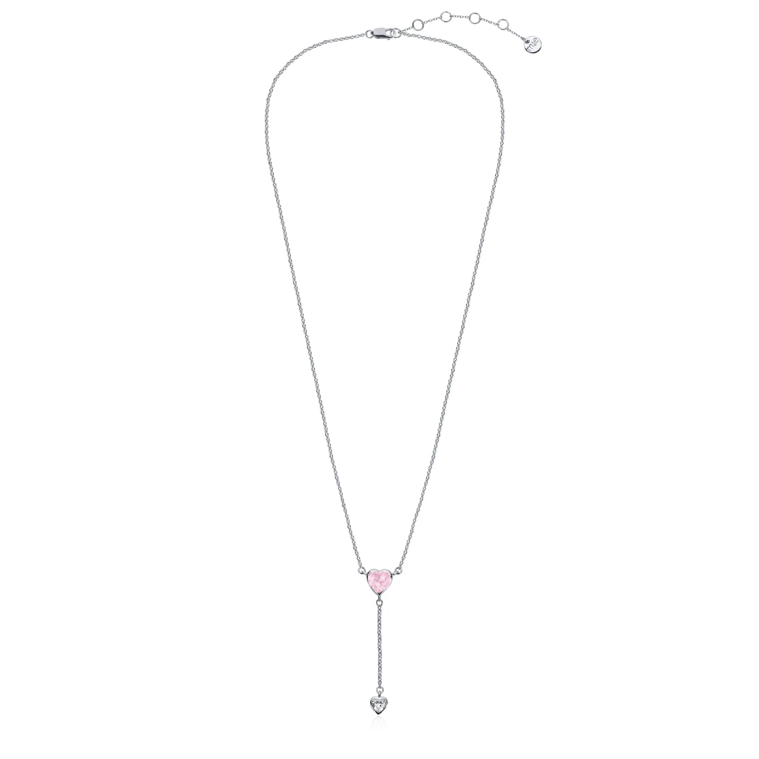 Серебряное колье-галстук ЛЮБОВЬ с розовым и белым сердцами