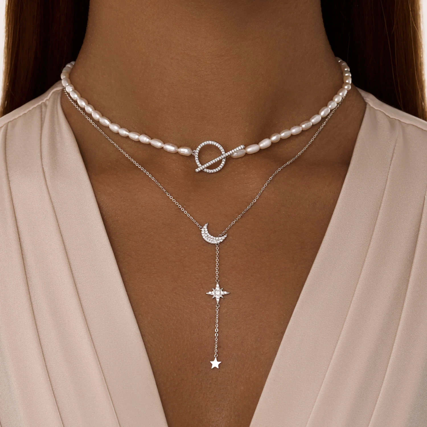 Серебряное колье со звездами и фианитами MIESTILO