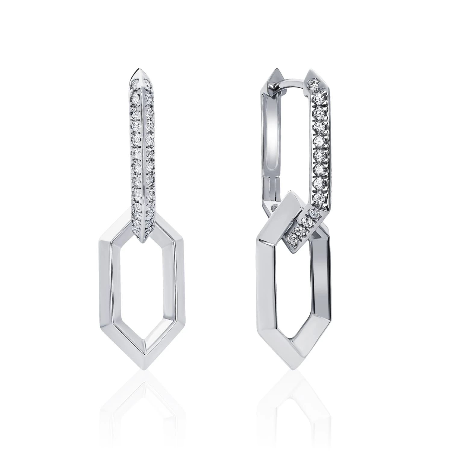 Серебряные многогранные серьги-трансформеры с фианитами