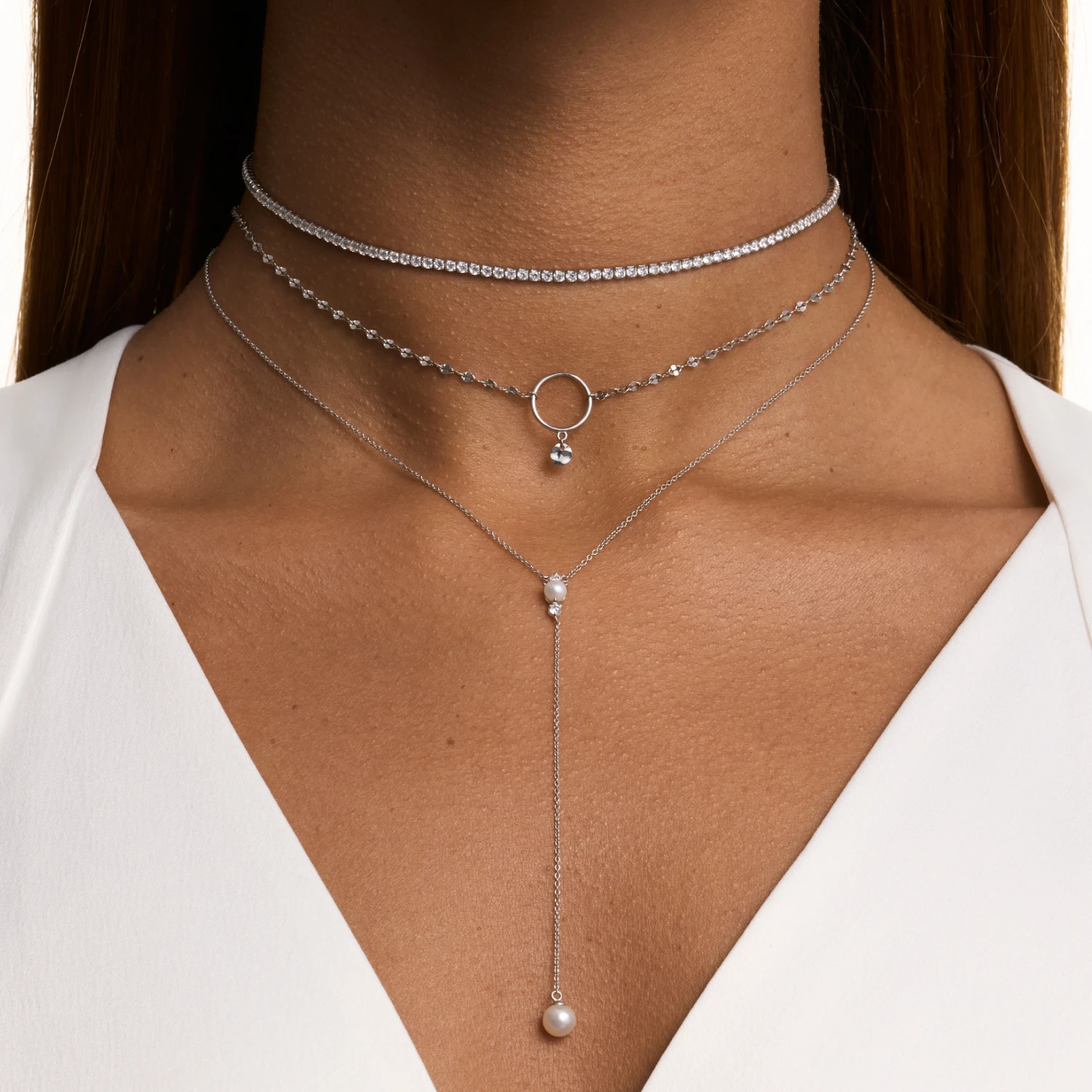 Теннисное серебряное колье чокер с фианитами