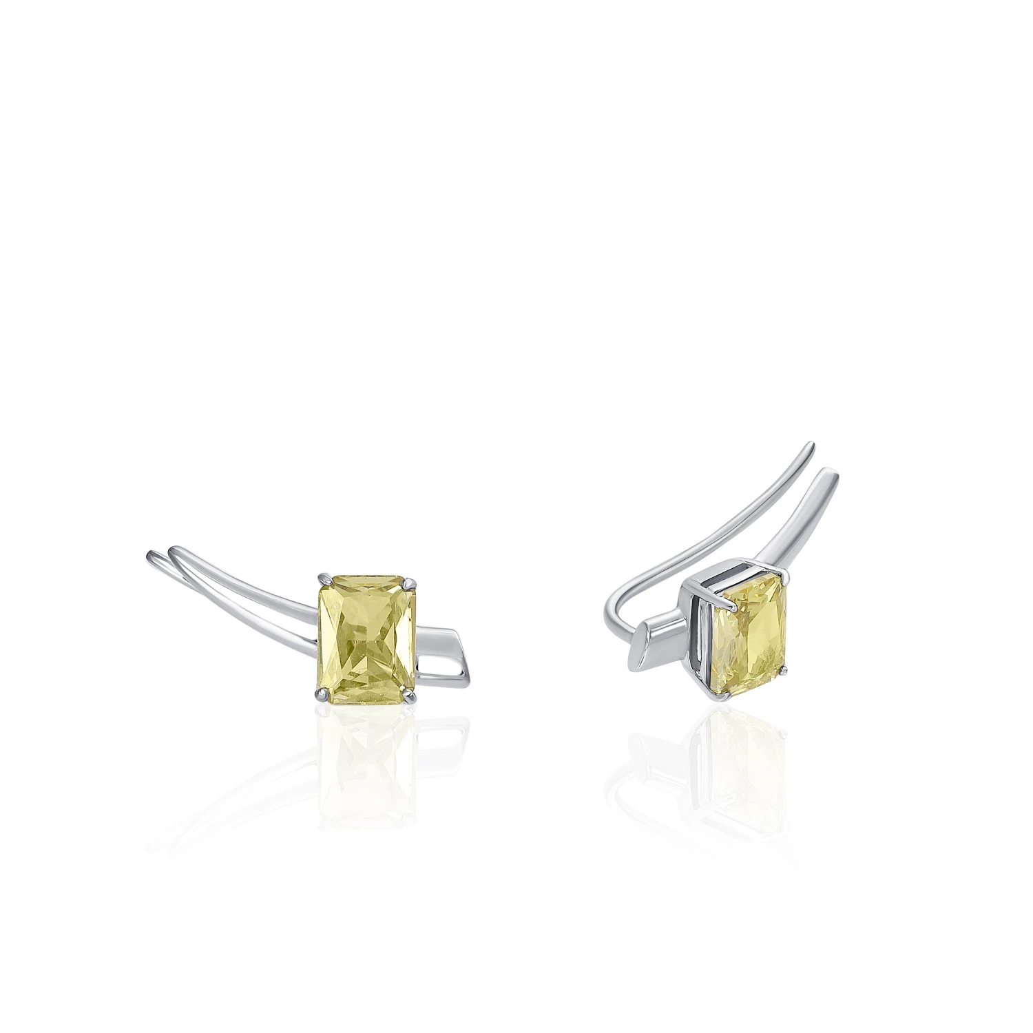 Серебряные серьги-клаймберы с крупным желтым фианитом